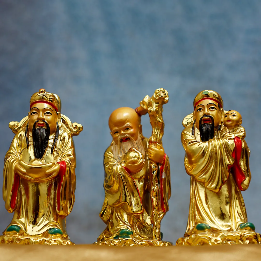 FENG SHUI THREE GODS GOLDEN SET STATUE